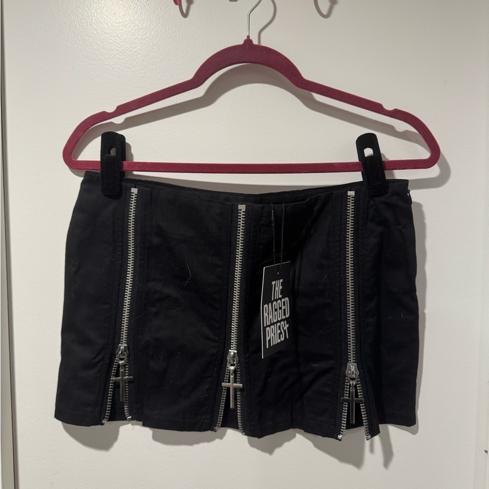 The Ragged Priest Black Cross Mini Skirt with Front Zippers